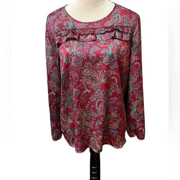 Talbots Paisley Print Ruffle Front Long Sleeve Top Size XL Petite - Picture 1 of 5